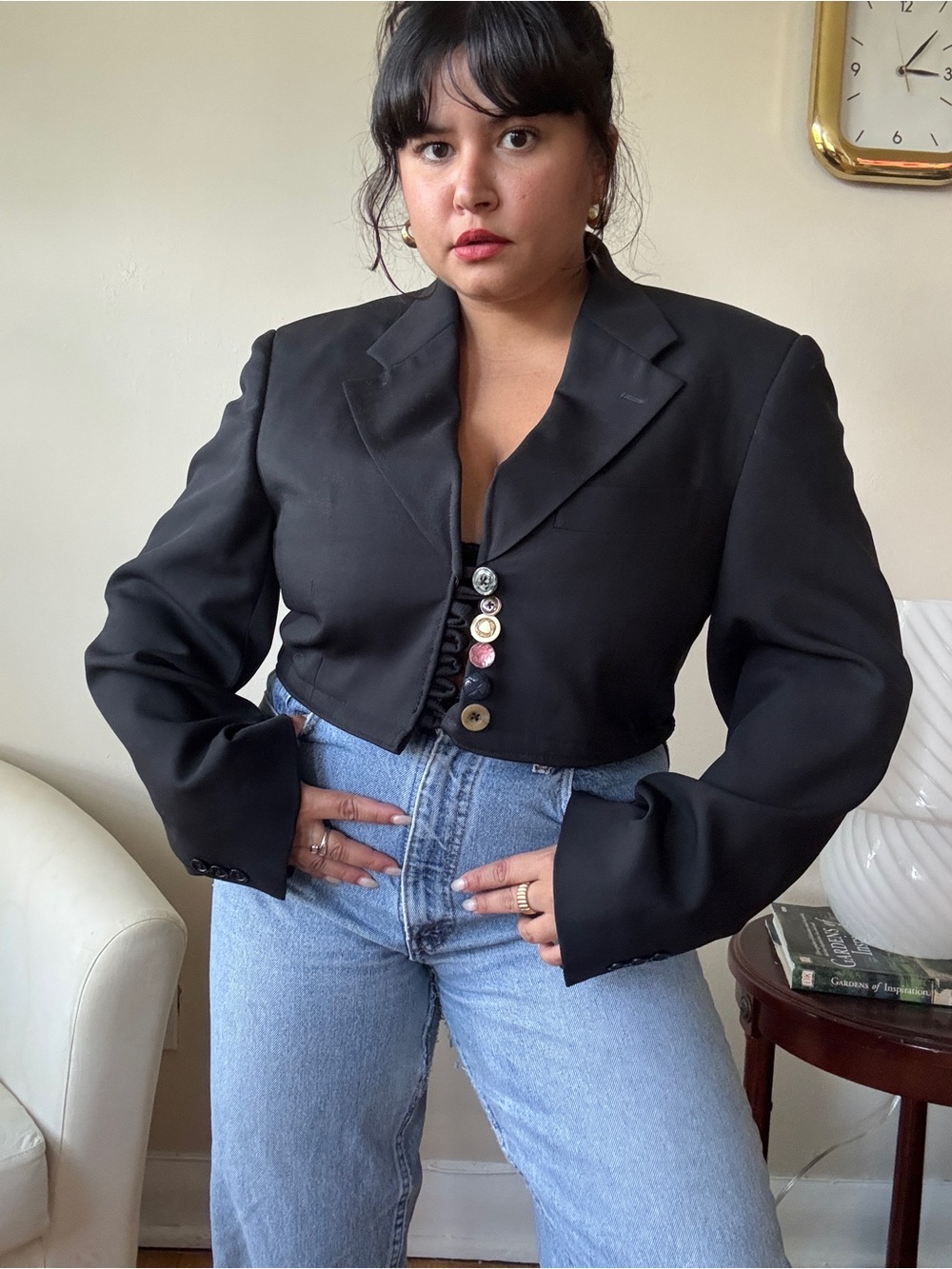 Cropped Black Women's Blazer with Statement Buttons